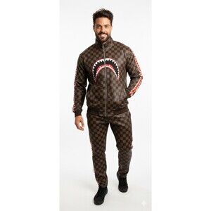 Hudson Men's 4XL Streetwear Tracksuit Set Shark Graphic Zip Up Brown Checkered